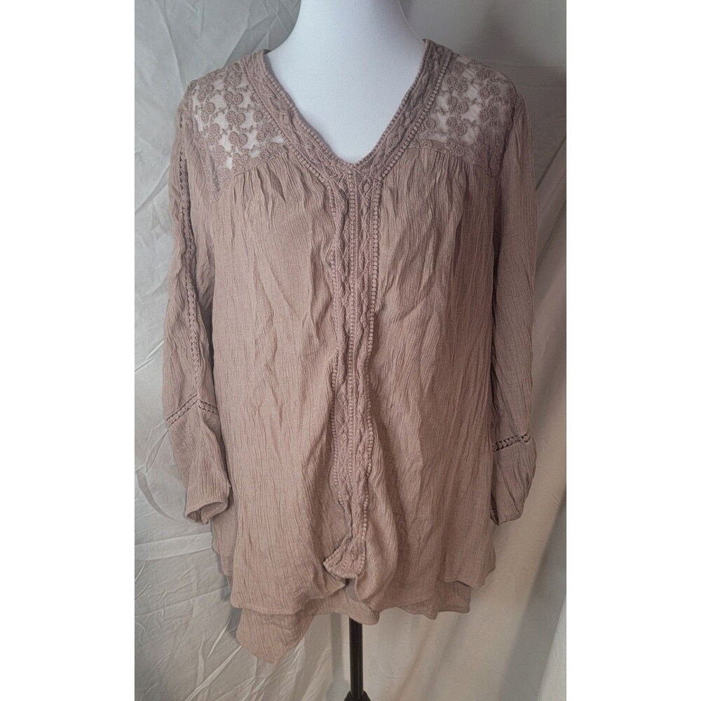 Boho Peasant Top Womens 2X Taupe Lace Crochet Detail Long Sleeve Tunic Blouse